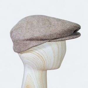 Vintage Tan Herringbone Flat Cap Mens Wool Hat Size Large